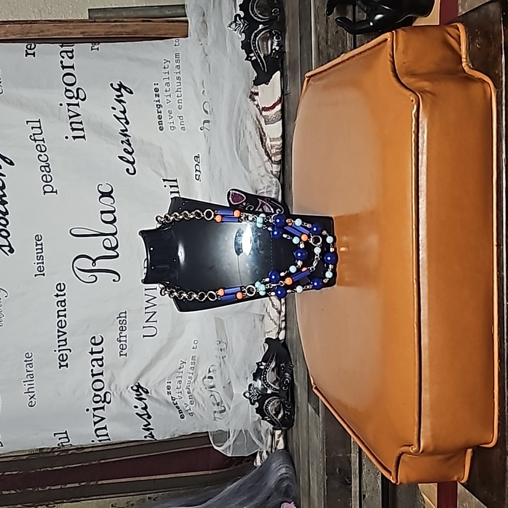 Talbots gold tone necklace with multi strand blue and orange beads